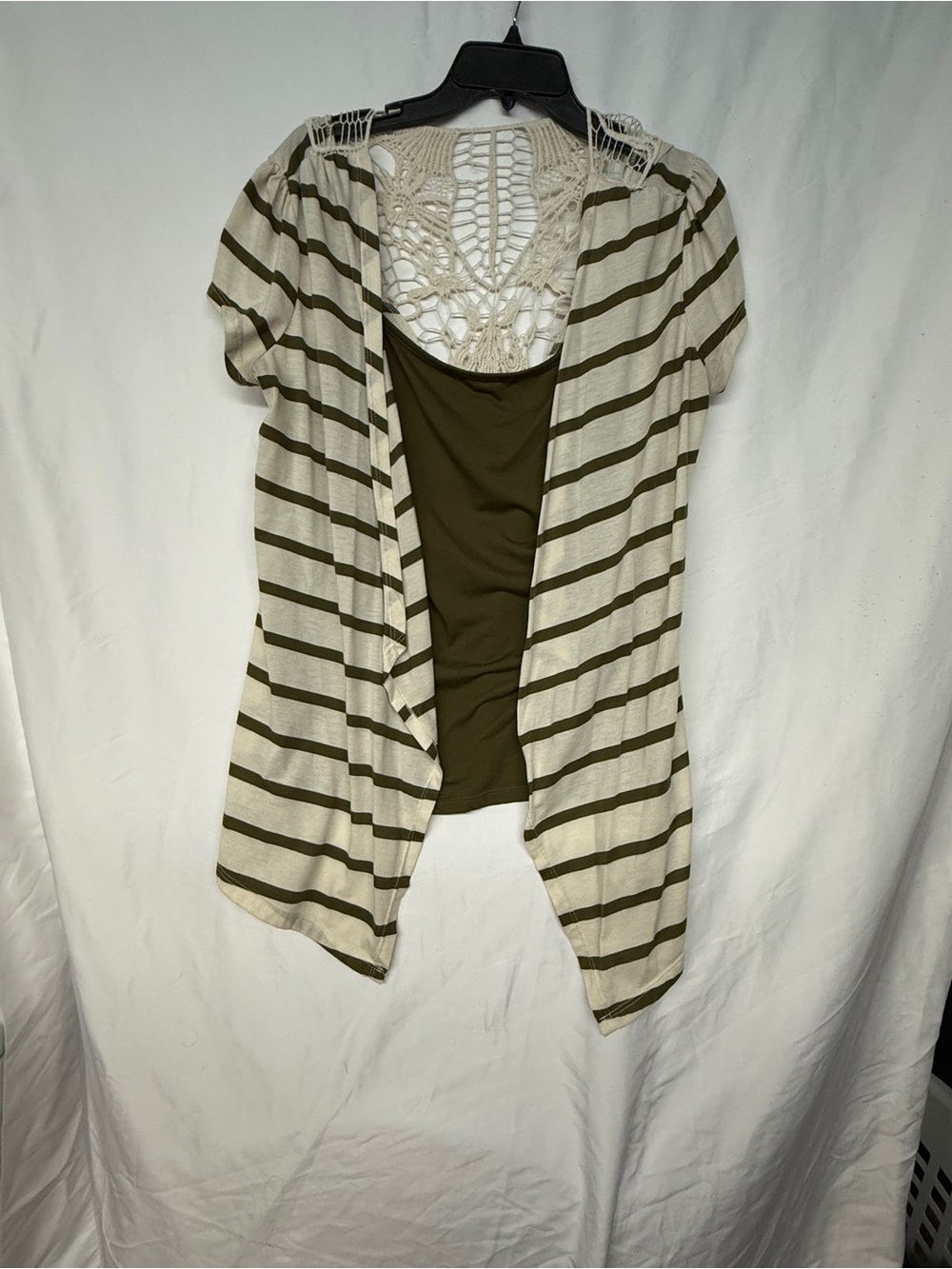 No Boundaries Olive and Cream Striped Layered Open Cardigan